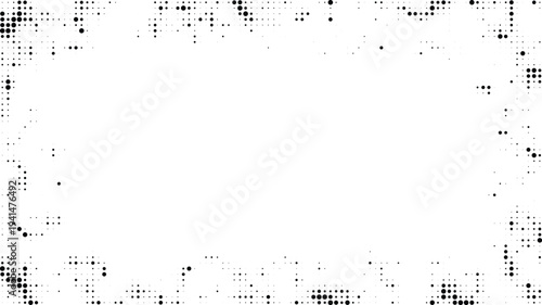 Weathered irregular rectangular frame halftone design concept with black dots texture and scattered points for vintage urban border design styles.