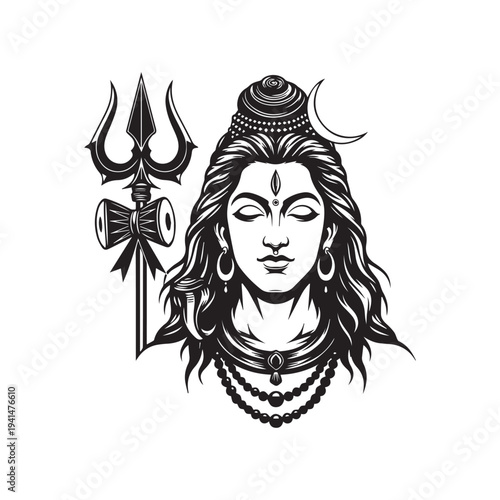 Vector illustration of Shiva with trident, black and white Hindu deity icon