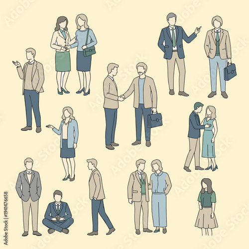 Diverse Collection of Business Professionals and Casual Individuals Engaged in Various Interactions, Including Handshakes, Discussions, and Teamwork, Illustrated in a Clean Vector Art Style