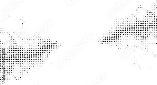 Geometric directional arrow halftone design concept with black dots texture and diagonal speed motion isolated on a white background.
