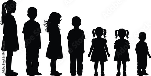 Children silhouettes collection, seven figures arranged tallest to shortest, boys and girls in casual clothing, vector illustration of childhood growth, age progression concept