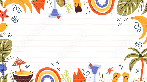 Hand drawn summer background for text. Minimalist line design. Palm tree, lemon, sun, sea, rainbow, cocktail, scribble  in minimal style . Concept of relaxing ocean, traveling, summer sale. Art png