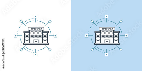 Digital infrastructure and centralized administration concept featuring a government or financial building connected in a secure data network