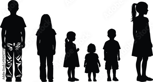 Children silhouettes collection, six figures arranged by height, casual clothing, boys and girls in different poses, vector illustration of childhood growth stages concept
