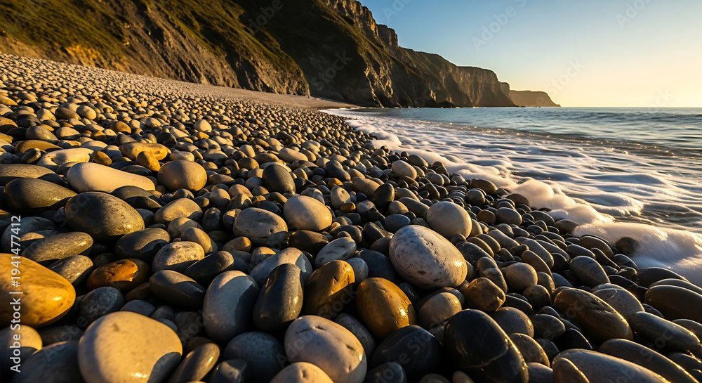 Obraz premium Coastal Cliffs Golden Hour Pebble Beach Smooth Stones