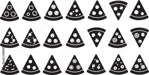 Variety of pizza slices in black and white icons