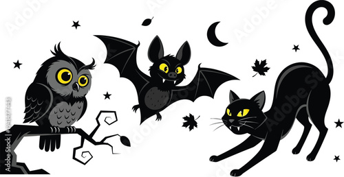Halloween night scene with owl, bat and black cat
