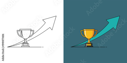 Modern flat design vector art showing a winner's trophy cup with an upward trend arrow, ideal for concepts of career advancement and victory