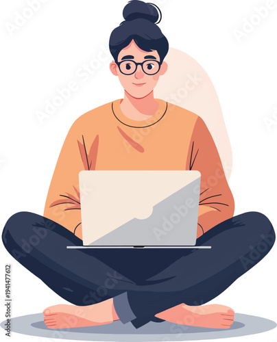 donna al computer che usa un laptop in ufficio casa al bar vettoriale, portatile