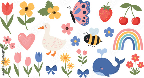 Cute spring nature vector set with flowers, butterfly, bee, whale, rainbow, goose and garden elements cartoon illustration