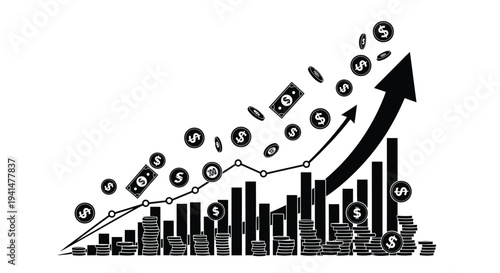 Financial growth depicted with an ascending graph and falling money
