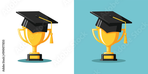 Golden Trophy with Graduation Cap Icon Representing Academic Success, Educational Achievement, and Future Career Milestones in a Flat Vector Style