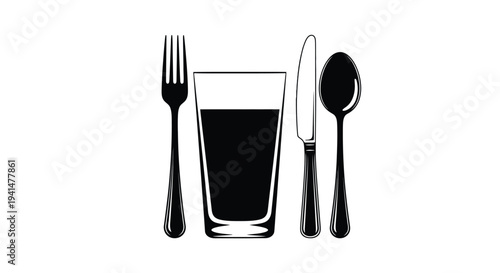 Black and white illustration of a fork glass knife and spoon