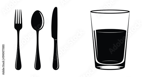 Black and white illustration of a fork spoon knife and glass