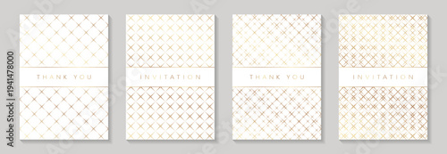 Luxury geometric abstract white backgrounds with golden rhombuses mosaic. Wedding invitations, greeting and business cards, rsvp templates. Premium seamless patterns