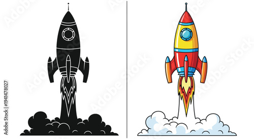 Two rocket ship illustrations one black one colorful both launching