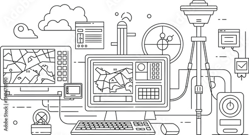 Geographic information system displays maps on computer monitors connected to a precision GPS surveying instrument on a tripod.
