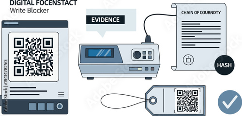 A digital forensic write blocker device connects to a storage unit displaying a QR code next to a document labeled chain of custody.
