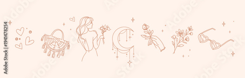Boho line feminine icons set with a woman silhouette, flowers and hearts Aesthetic symbols for beauty, wellness, branding, packaging, stickers, social media, and logo design. Vector illustration