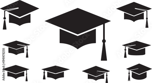 Graduation caps and tassels in black and white icons