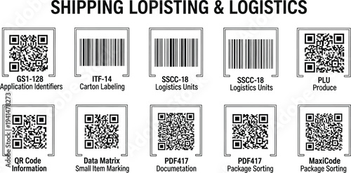 Various standardized shipping and logistics codes, including QR codes and different barcode types, illustrate global package identification methods.
