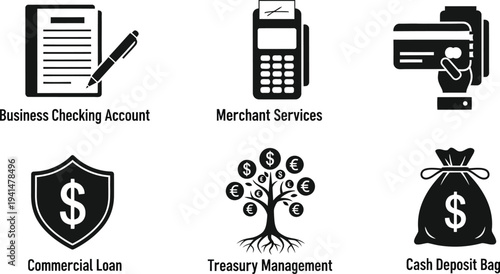 A collection of black and white banking and financial service icons represents various aspects of commerce and money management.