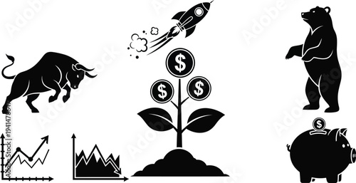 Collection of black and white icons represents financial concepts including bull, bear, rocket launch, and money growth.