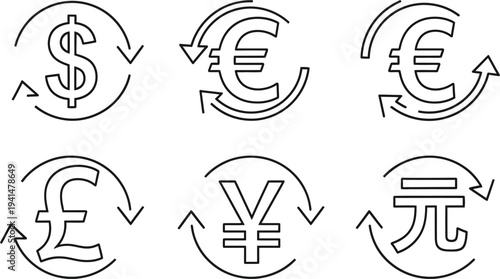 Six major global currency symbols are arranged in two rows, indicating exchange rate concepts with circular arrows.