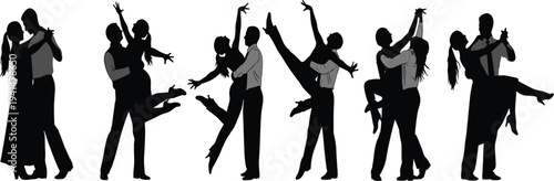 Dancing couples silhouettes, six pairs in dynamic poses, ballroom, tango, waltz, romantic dance lifts, spins, embraces, vector illustration of performance artwork concept