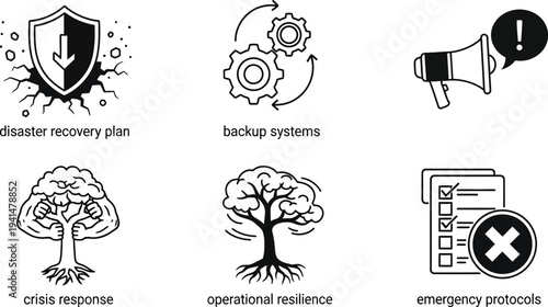 A set of six outline icons illustrates concepts related to disaster recovery, backup systems, crisis response, and emergency protocols.