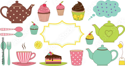 Cute tea time vector set with teapots, cupcakes, cake, cup, lemon and dessert elements cartoon illustration