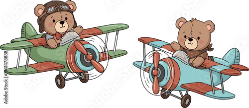 Cute Teddy Bear Pilot Flying Vintage Airplane Cartoon Vector Illustration Set