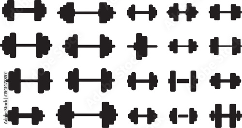 Dumbbell icons in various sizes on white background pattern