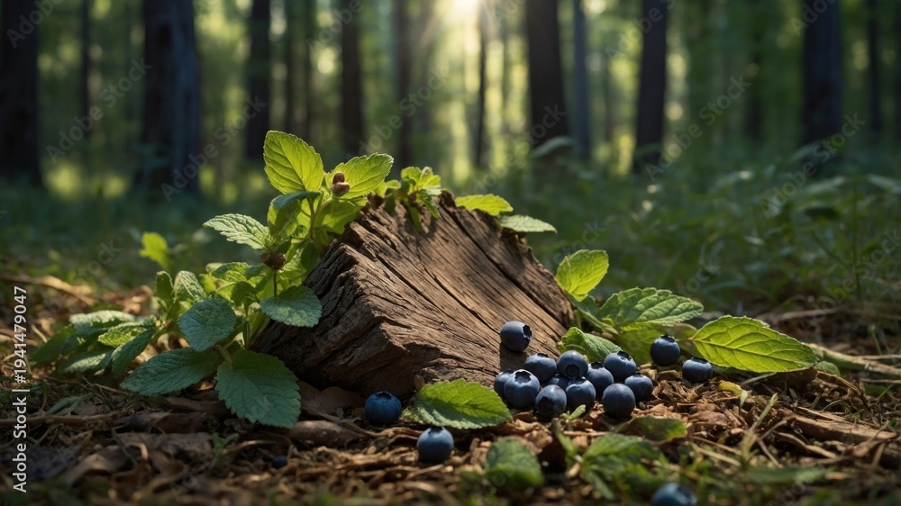 Obraz premium A serene forest scene featuring a moss-covered log surrounded by fresh blueberries and mint leaves