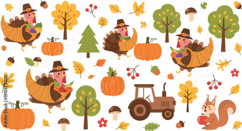 Cute Thanksgiving autumn vector set with turkeys, pumpkins, tractor, trees, squirrel and fall leaves cartoon harvest illustration