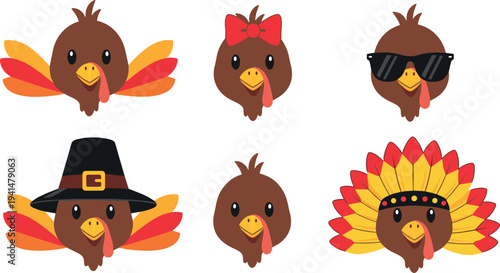 Cute Thanksgiving turkey faces vector set with pilgrim hat, sunglasses, bow and feather headdress cartoon illustration