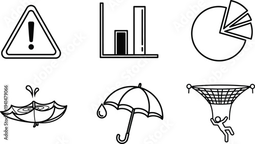 A collection of simple outline icons depicts various business risk and mitigation concepts like warning, data analysis, and safety nets.