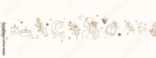 Boho feminine seamless border pattern with moon candles, flowers, and hearts Hand drawn aesthetic selfcare beauty elements for packaging, branding, and invitations. Social media. Vector illustration