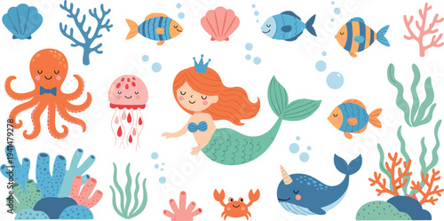 Cute Underwater Mermaid and Sea Animals Collection with Octopus Jellyfish Whale Fish Coral Cartoon Vector Illustration Set