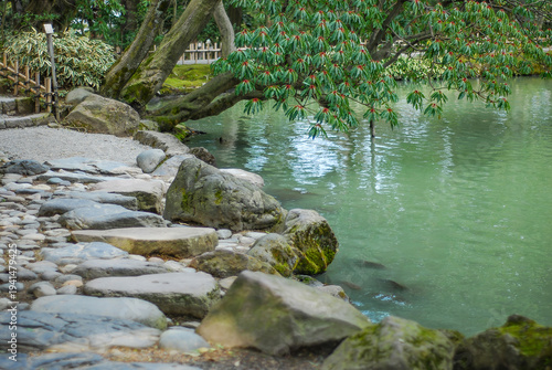 Quadro em tela 兼六園・親不知の趣：水辺を彩る石畳と池に張り出す瑞々しい木々の緑 / Atmosphere of Oyashirazu in Kenrokuen: Stone