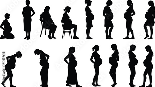 Black silhouettes of pregnant women in various poses, diverse maternity stages, vector illustration, isolated white background, motherhood concept art