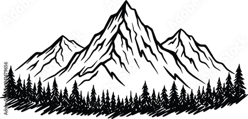 Black and white mountain landscape with pine trees