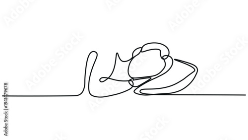 A continuous line drawing of a swan lying on the ground