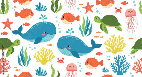 Cute Underwater Seamless Pattern with Whales Turtles Jellyfish Coral Fish and Ocean Cartoon Vector Background