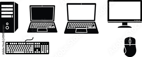 A complete set of personal computer peripherals including a tower case, two laptops, a monitor, a keyboard, and a mouse are presented as simple black silhouettes.