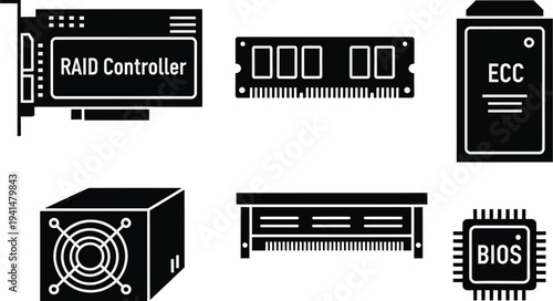 A collection of essential internal computer hardware components, such as a RAID controller, RAM module, ECC memory, power supply, and BIOS chip, are shown as black icons.