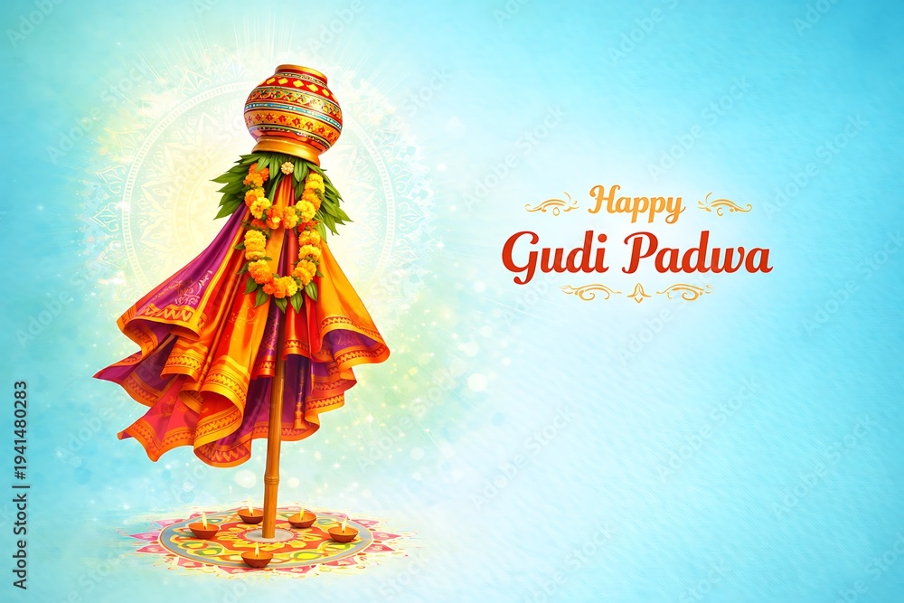 Fototapeta premium Happy Gudi Padwa Indian New Year Festival Illustration Featuring Traditional Gudi Flag With Decorative Cloth And Cultural Celebration Background