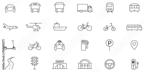 Transportation icons set including car, bus, train, airplane, and more