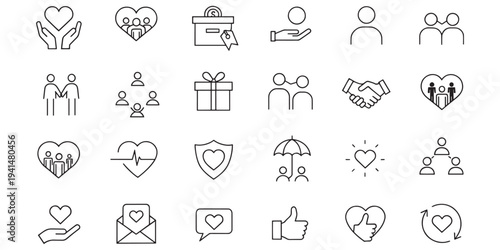 Minimalist line icons depicting love, partnership, and business concepts
