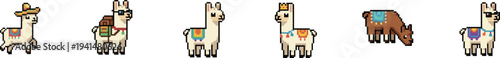 Pixel vector collection of colorful llamas and a zebra character